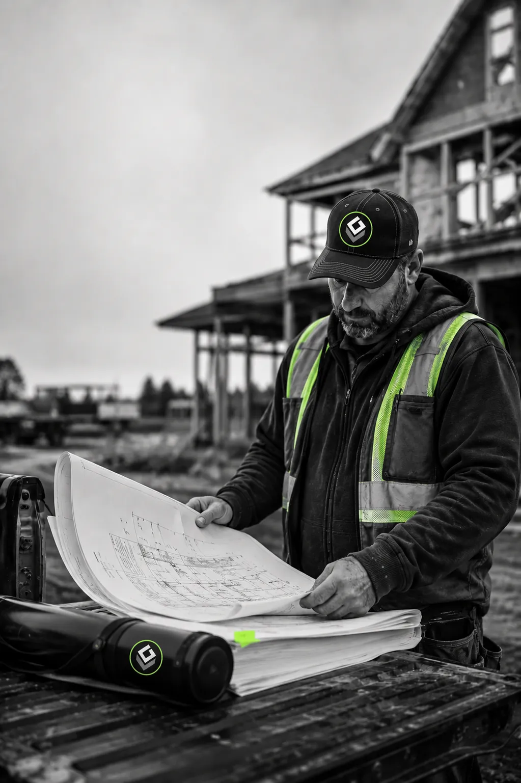 GV Drafting — residential contractor reviewing a permit-ready drawing set on a job site
